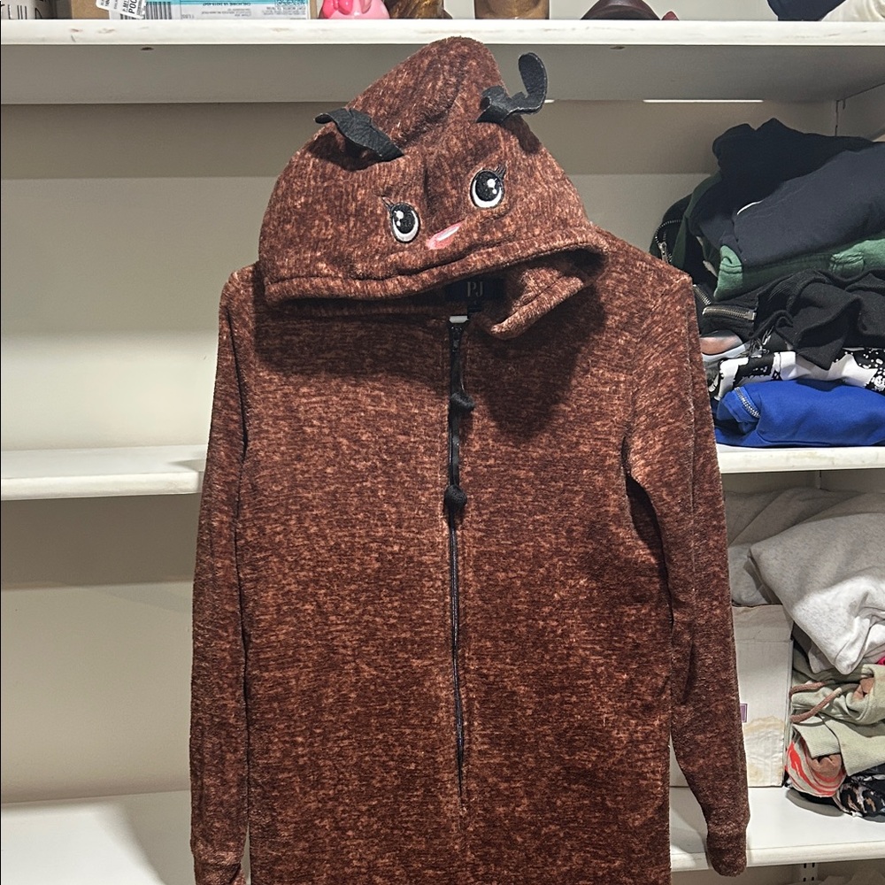Brown reindeer PJ Hooded onesie Zip-Up